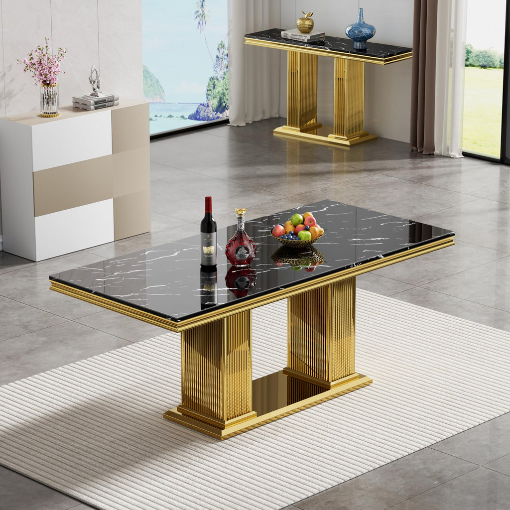 68 in Faux Marble Dining Table for 4-6, Black Marble Dining Table with Gold Stainless Steel Base, Luxury Rectangular