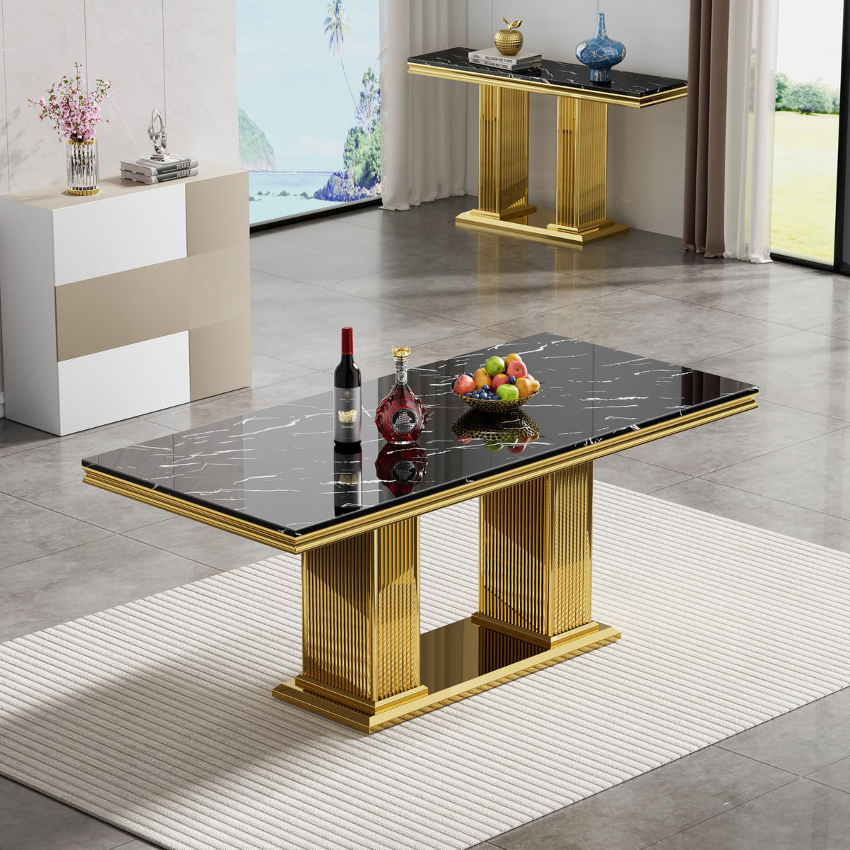 68 in Faux Marble Dining Table for 4-6, Black Marble Dining Table with Gold Stainless Steel Base, Luxury Rectangular