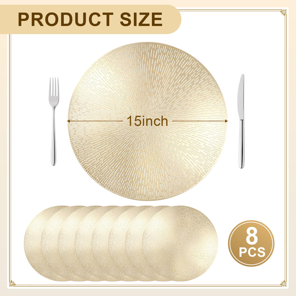 Gold Round Placemats Set of 8, 15 Inch Gold Metallic Hollow Vinyl Round Placemat, Washable Wipe Clean Kitchen Dining