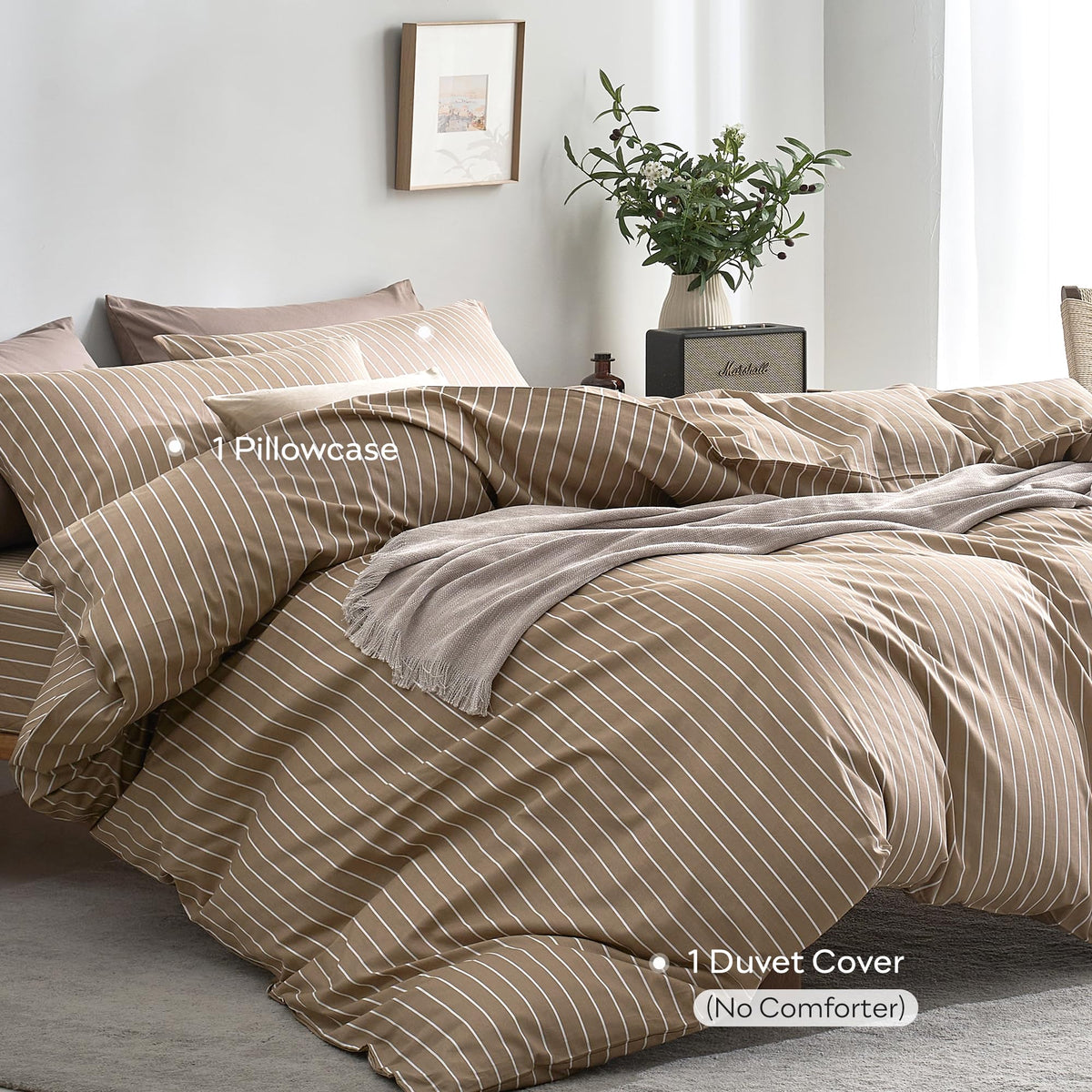 100% Cotton Brown Vertical Stripe Duvet Cover Set