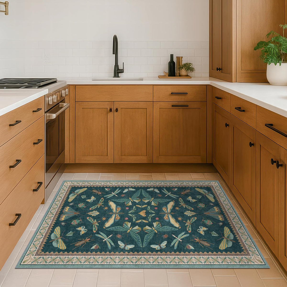 Teal Entryway Rug - Door Rug Indoor for Large Kitchen, Living Room, Washable Low Pile Insect Décor