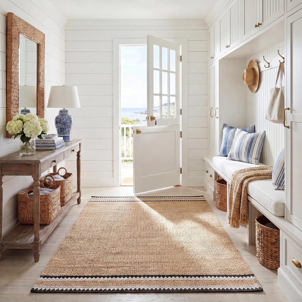 Natural Fiber Collection Area Rug, Natural & Black, Handmade Farmhouse Boho Coastal Rustic Jute, Ideal for