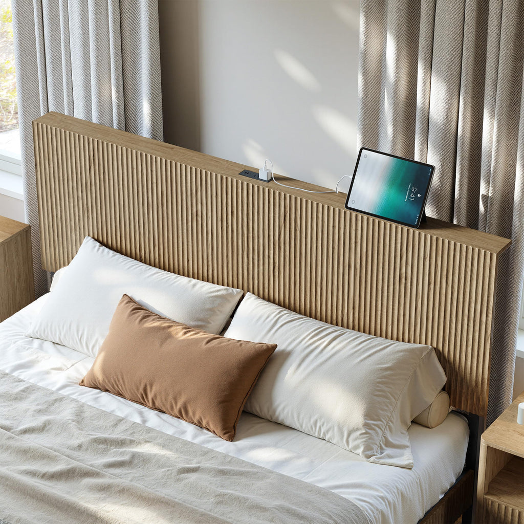 Oak King Floating Bed Frame with Headboard & Charging Station