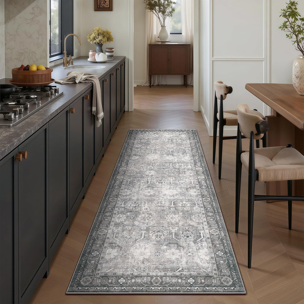 Runner Rug, Washable Non Slip Low Pile Kitchen Runner, Soft Boho Modern Rug s, Bedroom, Distressed Grey