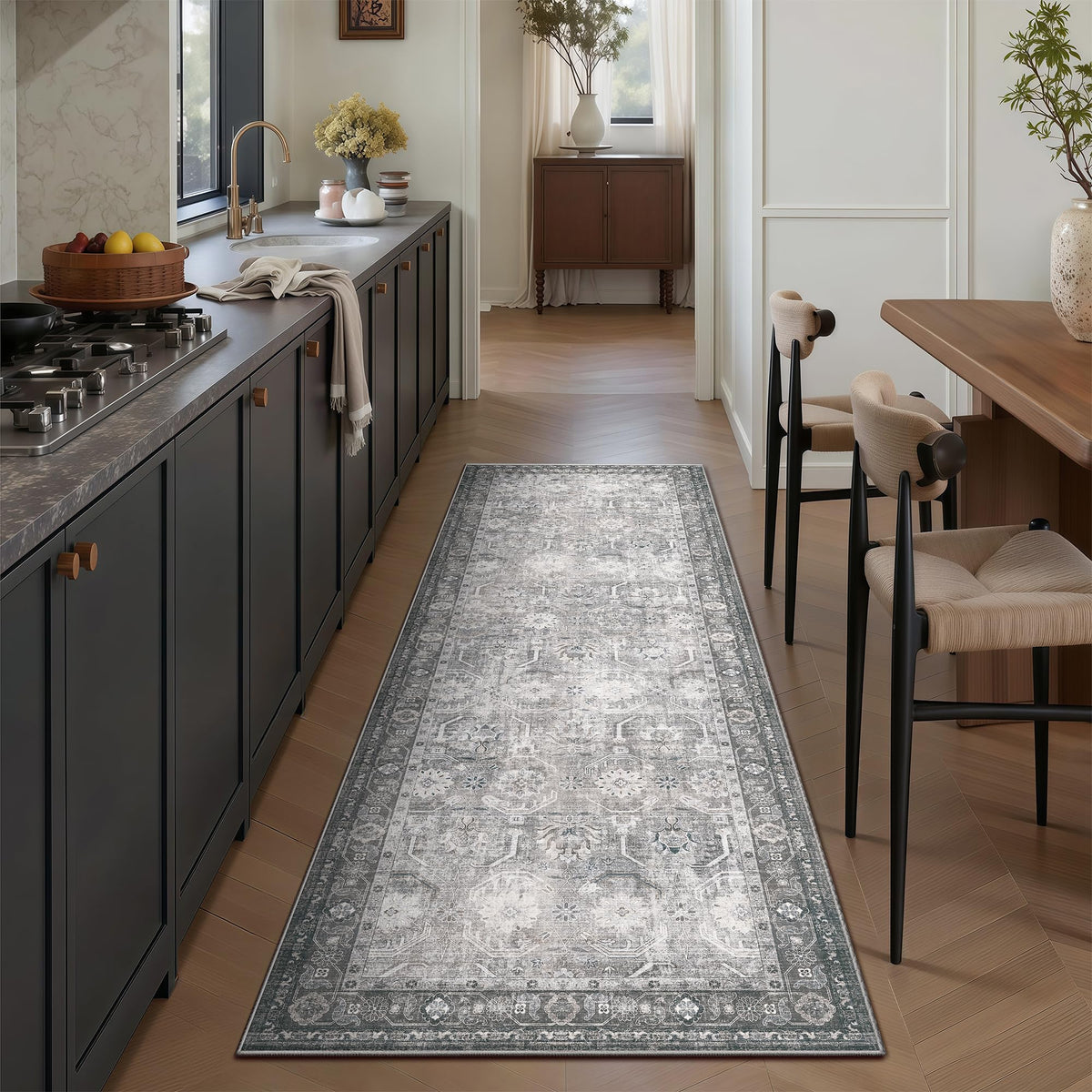 Runner Rug, Washable Non Slip Low Pile Kitchen Runner, Soft Boho Modern Rug s, Bedroom, Distressed Grey