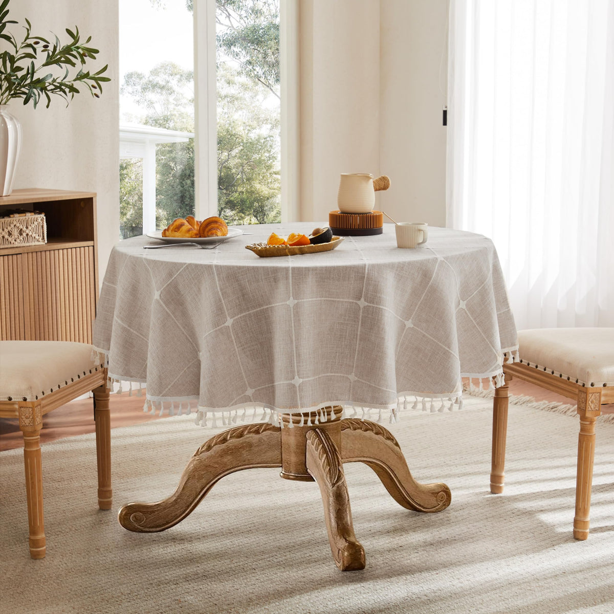 Boho Round Grid Tablecloth with Tassels, Taupe 60in