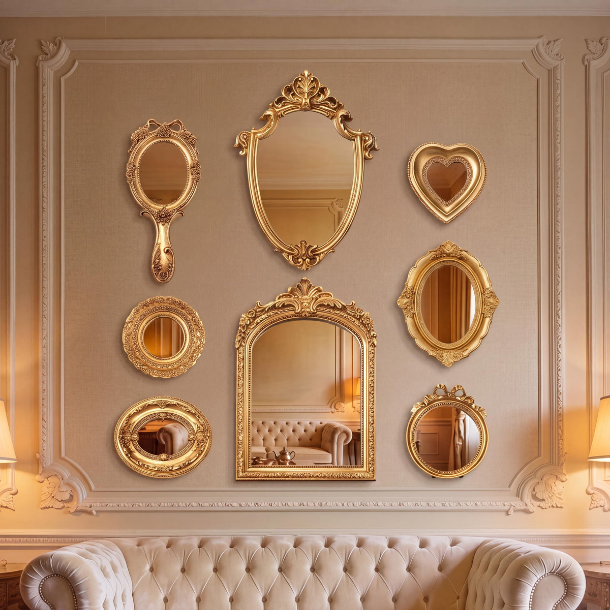 8 Pcs Vintage Gold Wall Mirror Set, 11in/10in/5in/3in, Elegant Style