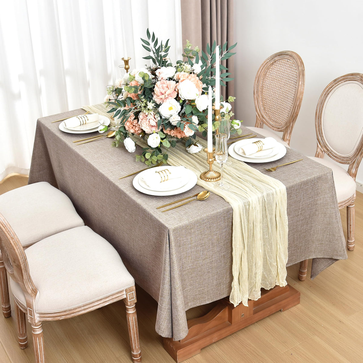 2 Pack Linen Textured Rectangle Tablecloths, 60 x 120 Inch, Nature