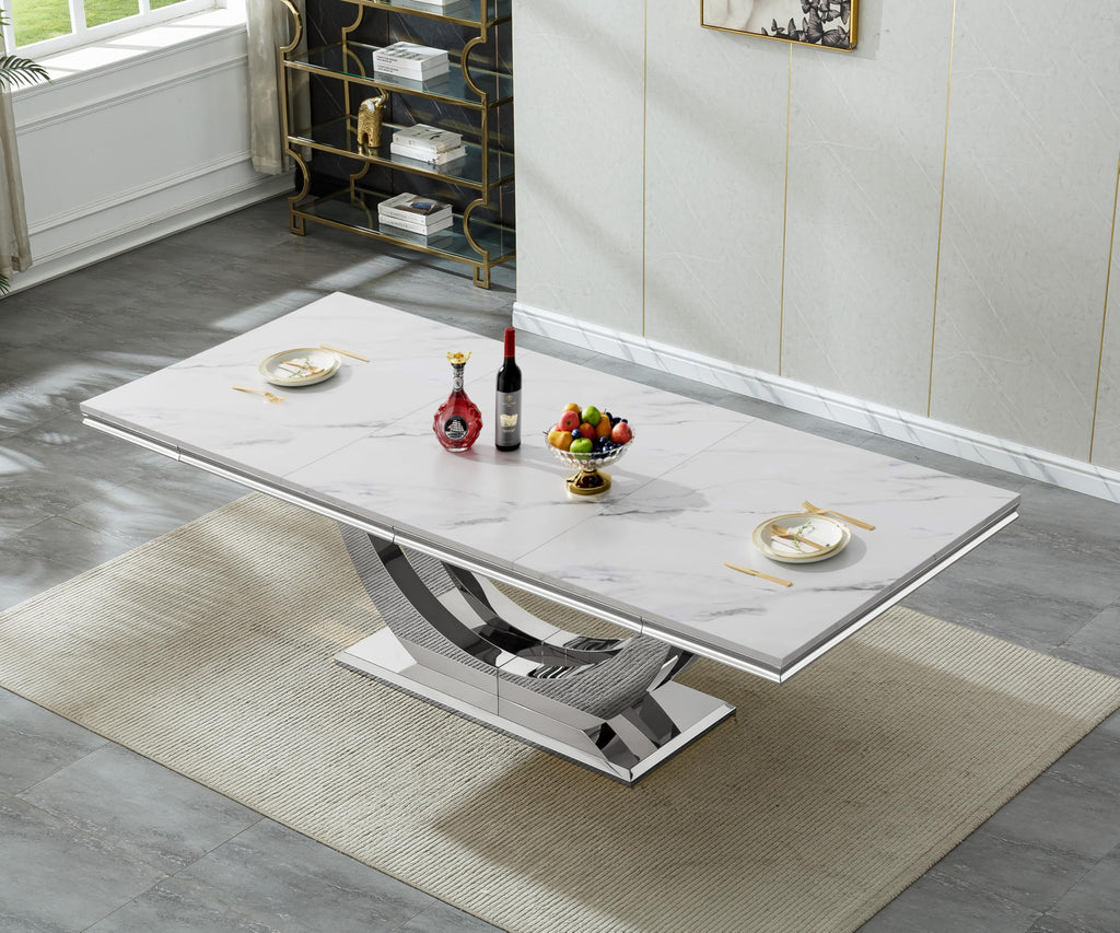 Large 94.5" Marble Dining Table, Luxurious White Dining Room Table with Printed Faux Marble Tabletop and Silver