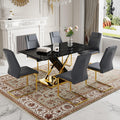 Marble Dining Table Set for 6, 63 in Black Rectangular Table with Gold X-Shaped Frame and 6 Grey Leather Dining