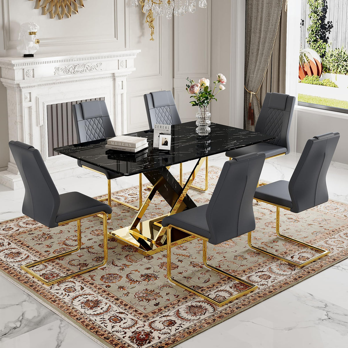 Marble Dining Table Set for 6, 63 in Black Rectangular Table with Gold X-Shaped Frame and 6 Grey Leather Dining