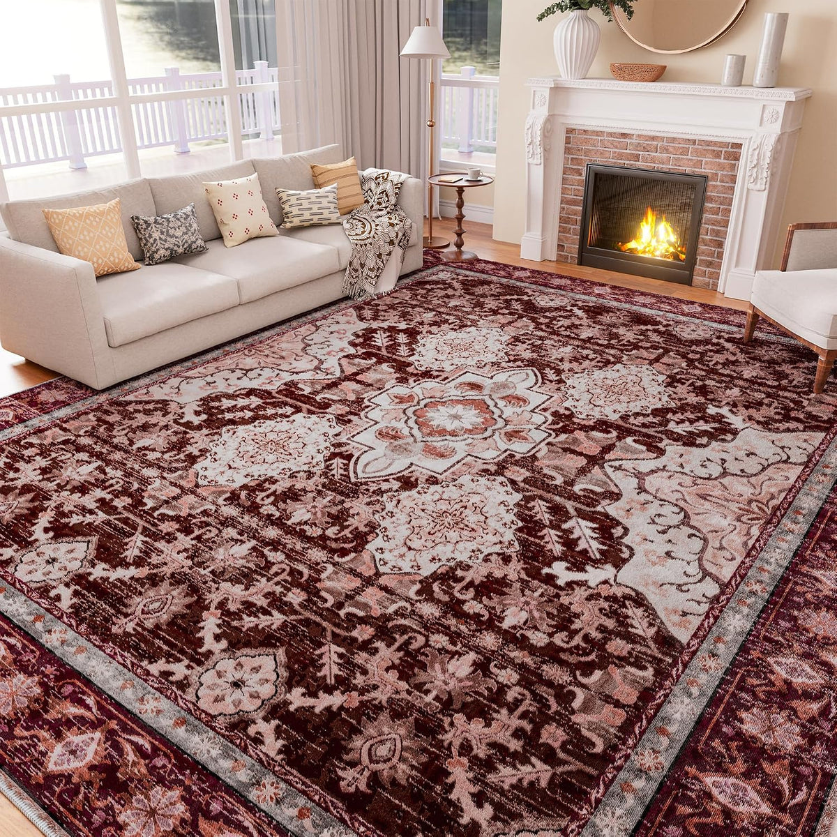 Area Rugs, Large Non-Slip Washable Rug, Boho Vintage Retro Medallion Print Pattern Carpet Dining Room Home