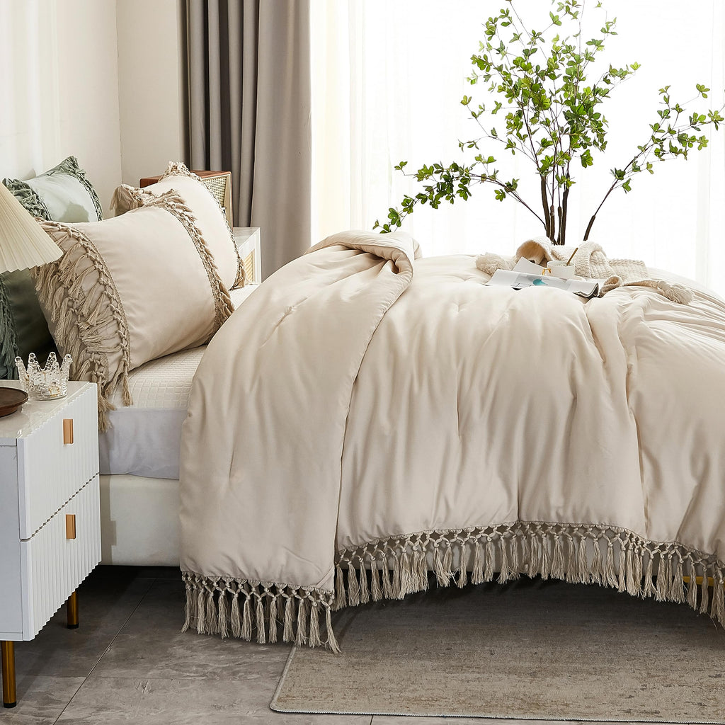 Beige Comforter Set Queen, 3 Pieces Boho Tassel Bedding
