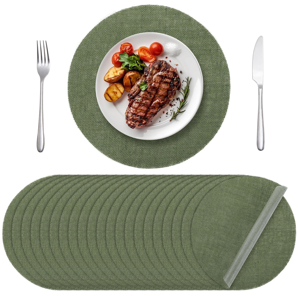 50 Pieces Round Burlap Placemats 11.8 Inch Reusable Sage Green Table Mats Heat Resistant Natural Jute Fibers
