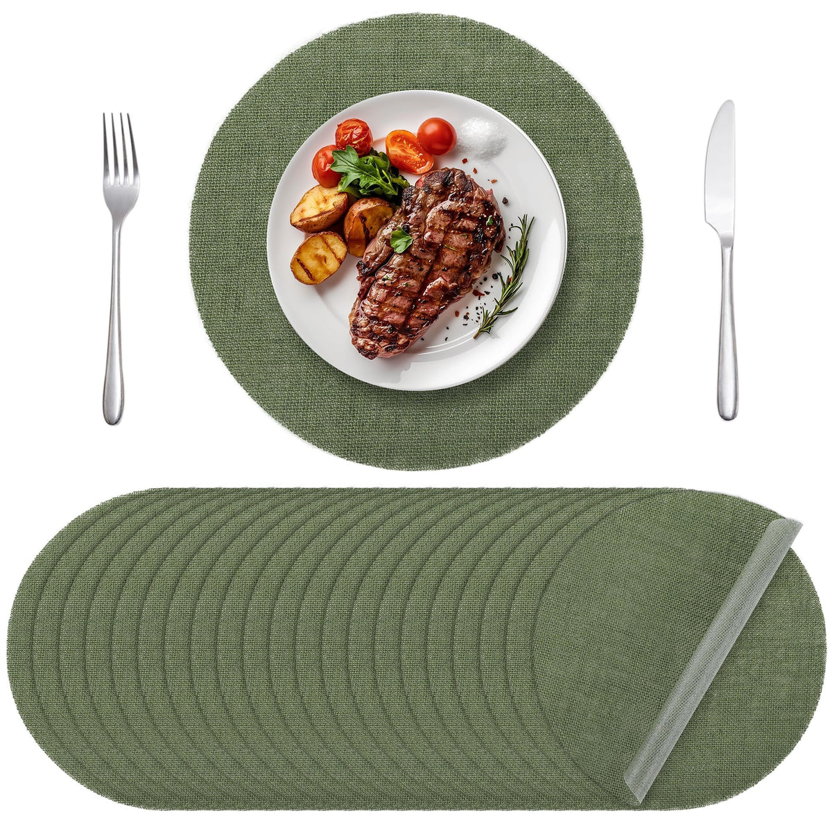 50 Pieces Round Burlap Placemats 11.8 Inch Reusable Sage Green Table Mats Heat Resistant Natural Jute Fibers