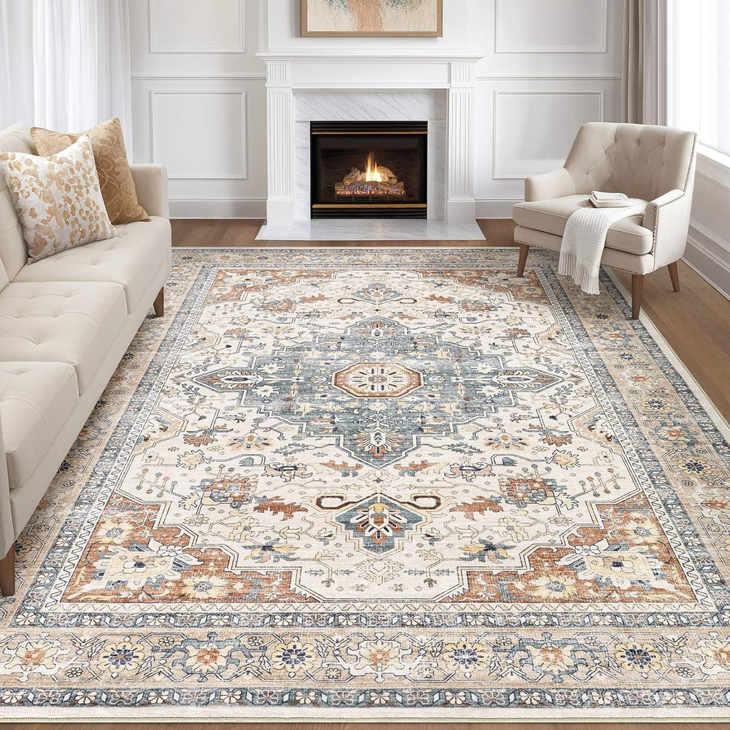 Area Rug Washable Vintage Boho Living Room Rug Beige Blue