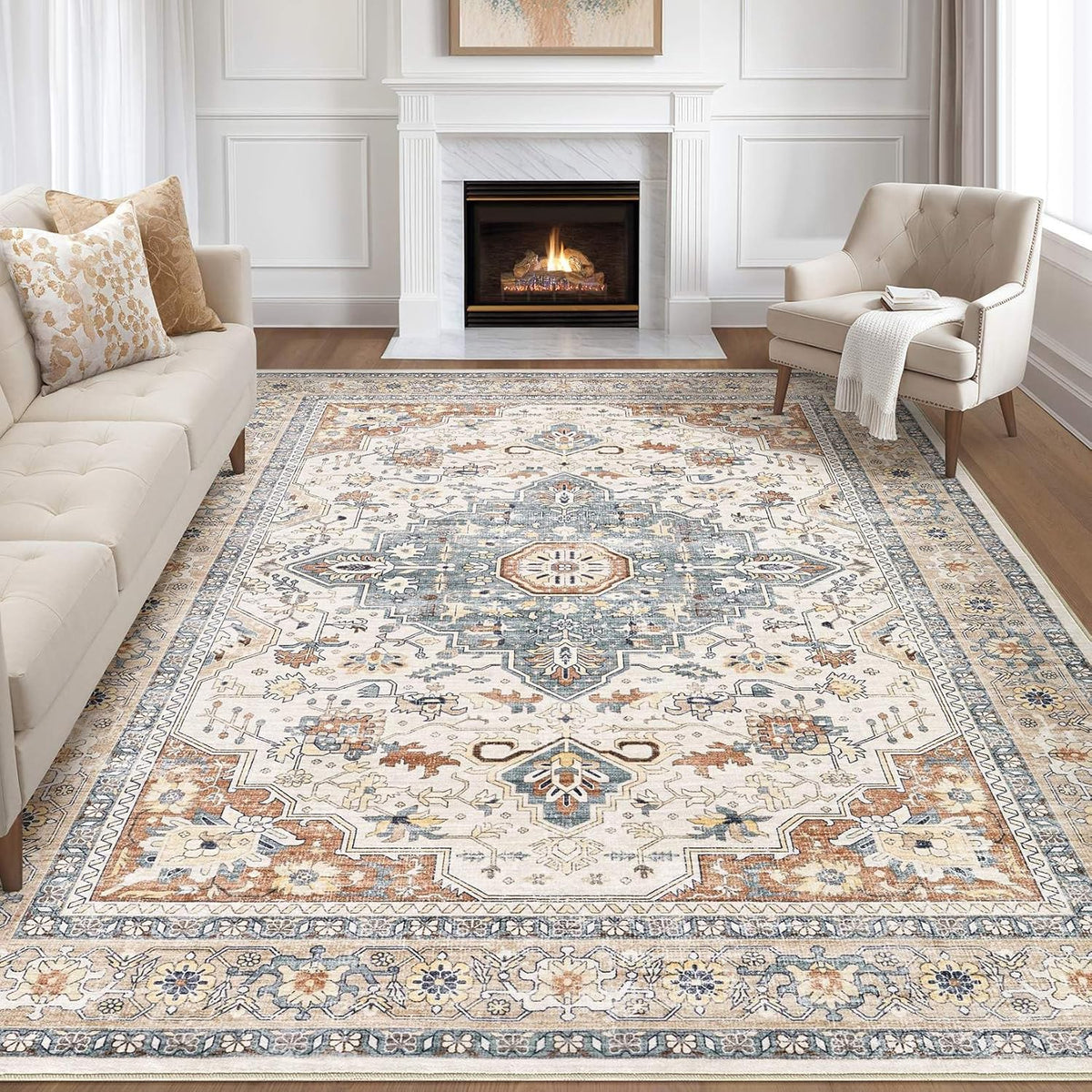 Area Rug Washable Vintage Boho Living Room Rug Beige Blue