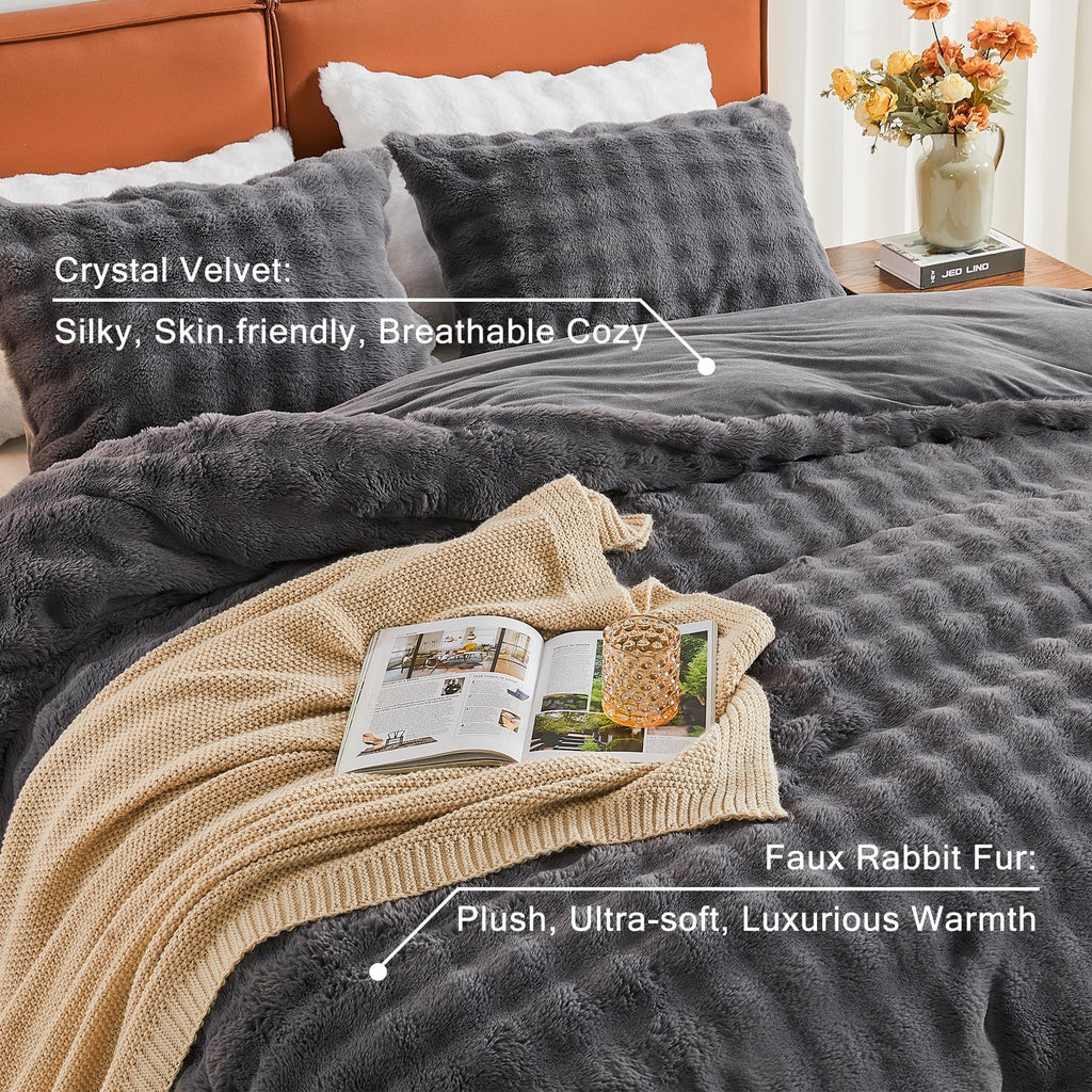 Fluffly Faux Rabbit Fur Bubble Comforter Set, Dark Grey