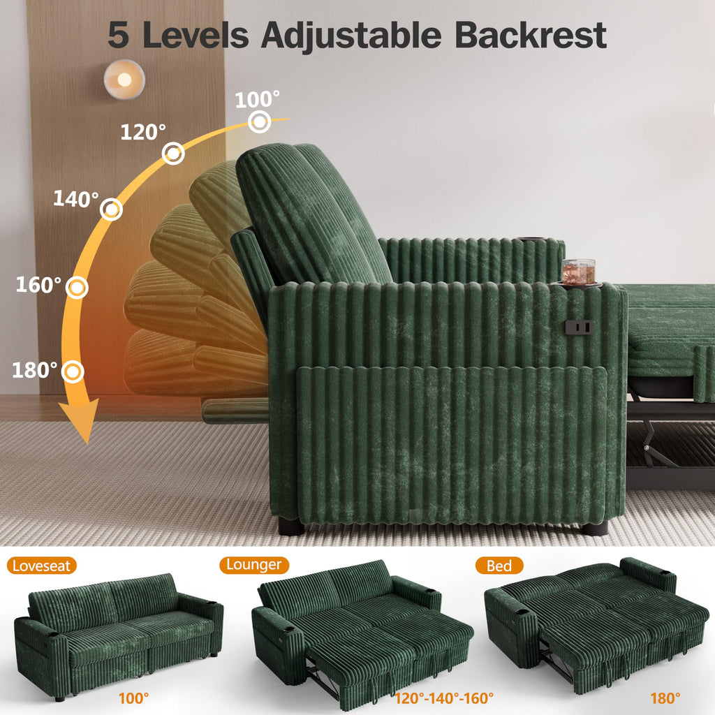 91" Plush Corduroy L Shaped Sectional Sleeper Sofa Bed with Pull Out Bed, Reclining Backrest, Reversible Storage