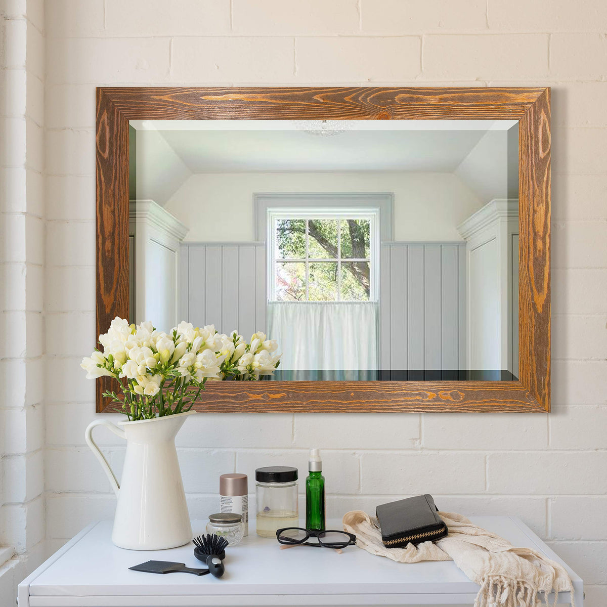 Maple Rustic Mirror Rectangular Barnwood Framed Wall Mirror Decor, Vertical or Horizontal Hanging, 41x29