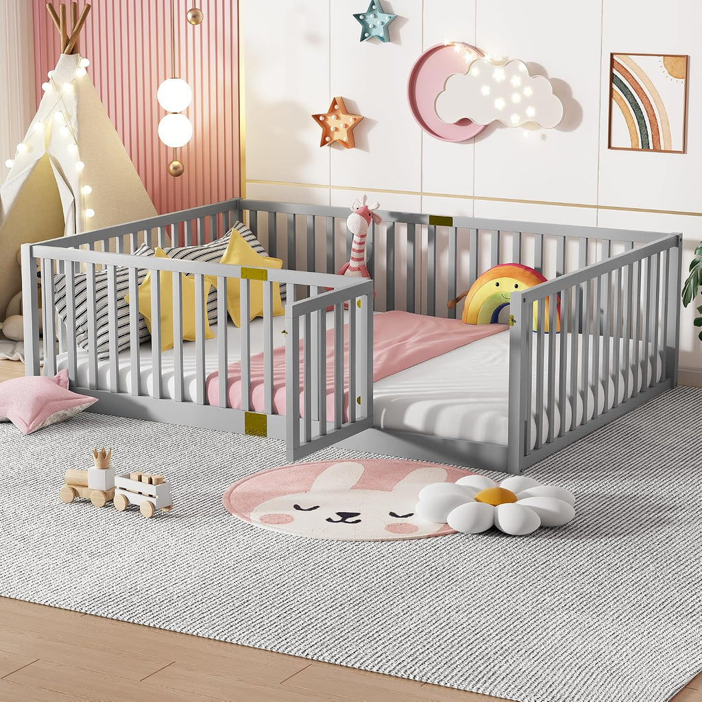 Toddler Floor Bed with Door&High Rails, Grey