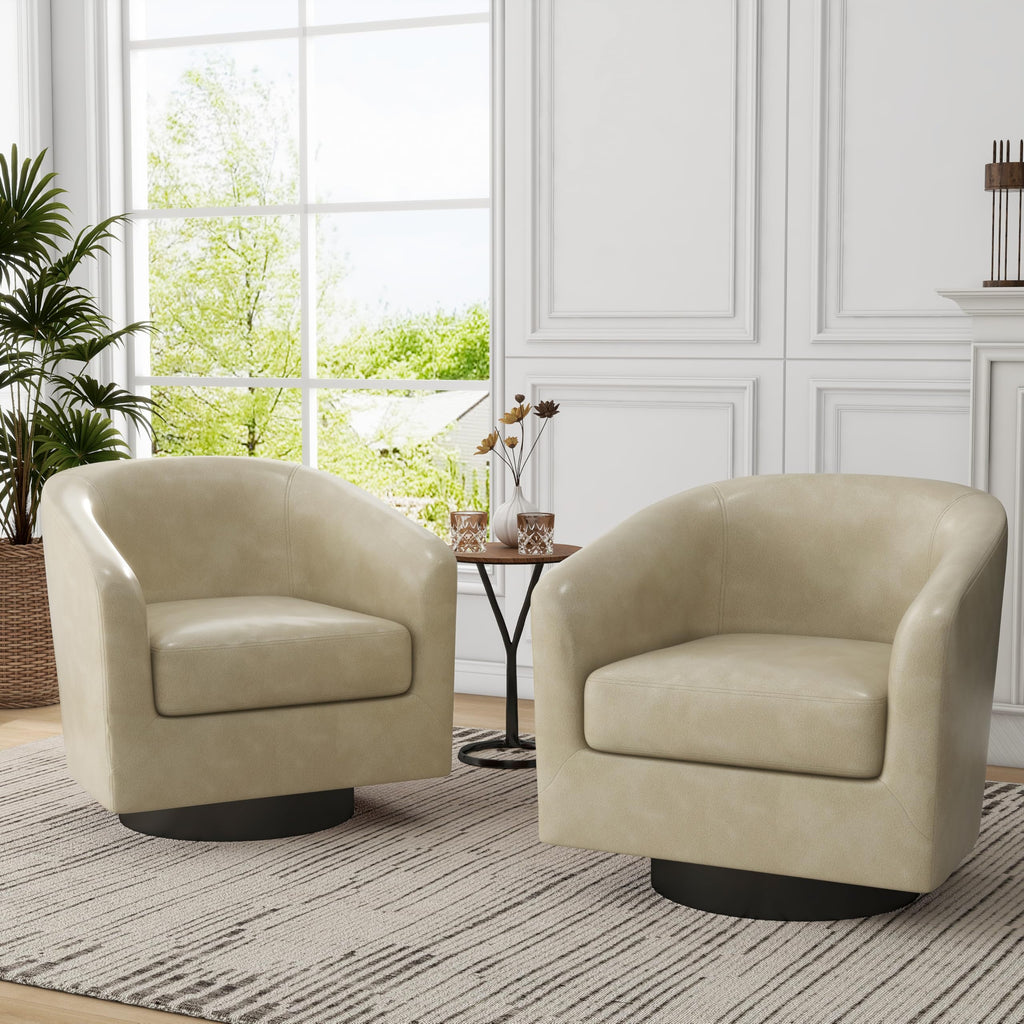 Faux Leather Swivel Accent Chairs Set of 4, Barrel Armchair, Cream