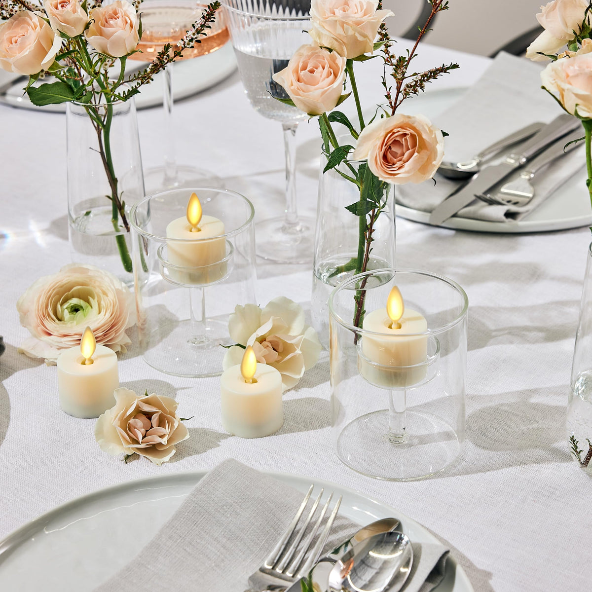 Flickering Flameless Pearl Ivory Tealights - Warm LED Light Flame Votives - Battery Operated Decor Table
