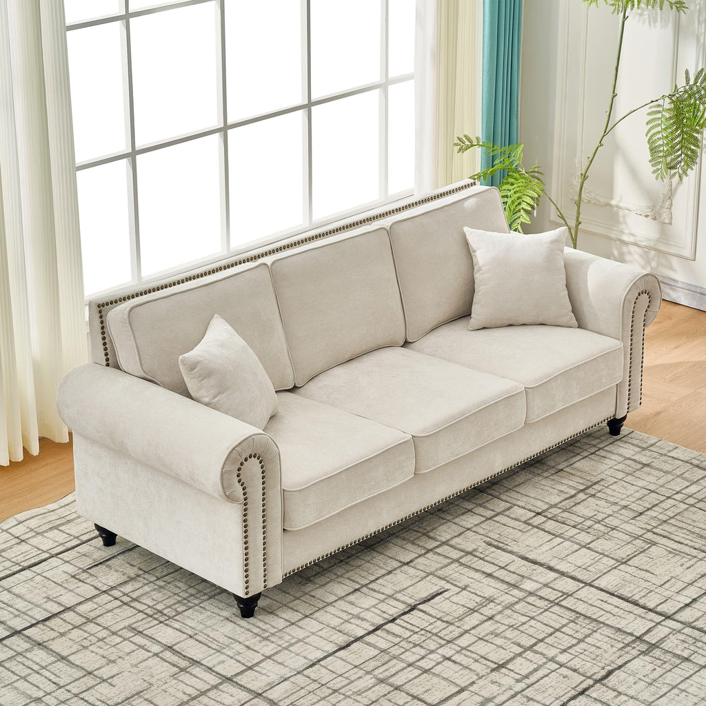 86.5" Classic Chenille Sofa Couch 3-Seater | Chesterfield Style with Traditional Rolled Arms, Nailhead Trim & Solid