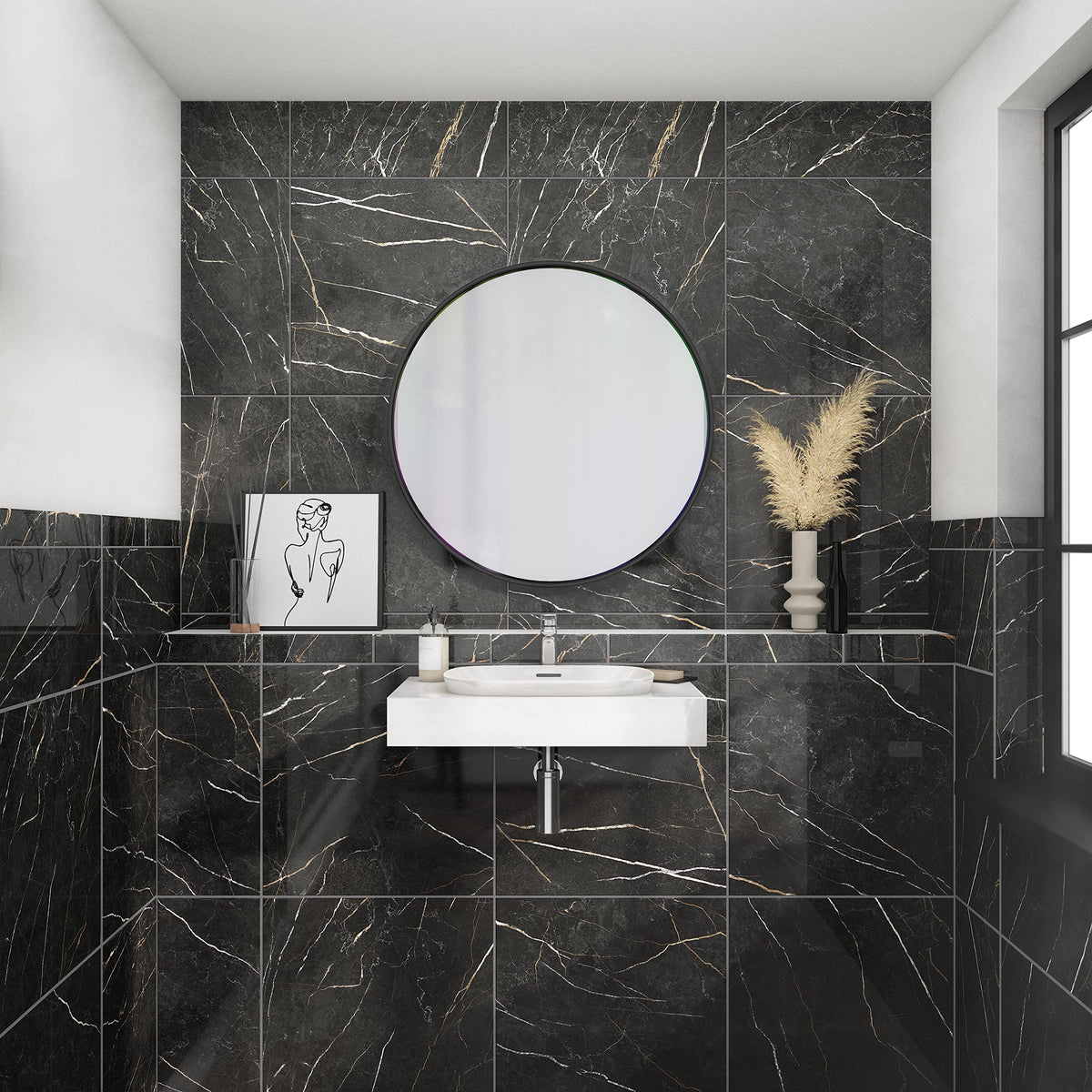 Perpetuo 24" X 24" Porcelain Marble Look Floor Tile in Polished Infinite Black (4 pieces per carton) (15.20 sqft per