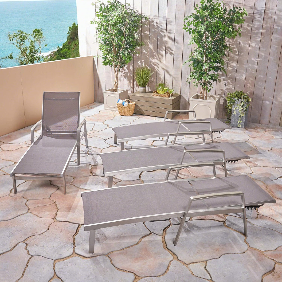 Outdoor Mesh and Aluminum Chaise Lounge (Set of 4), Gray