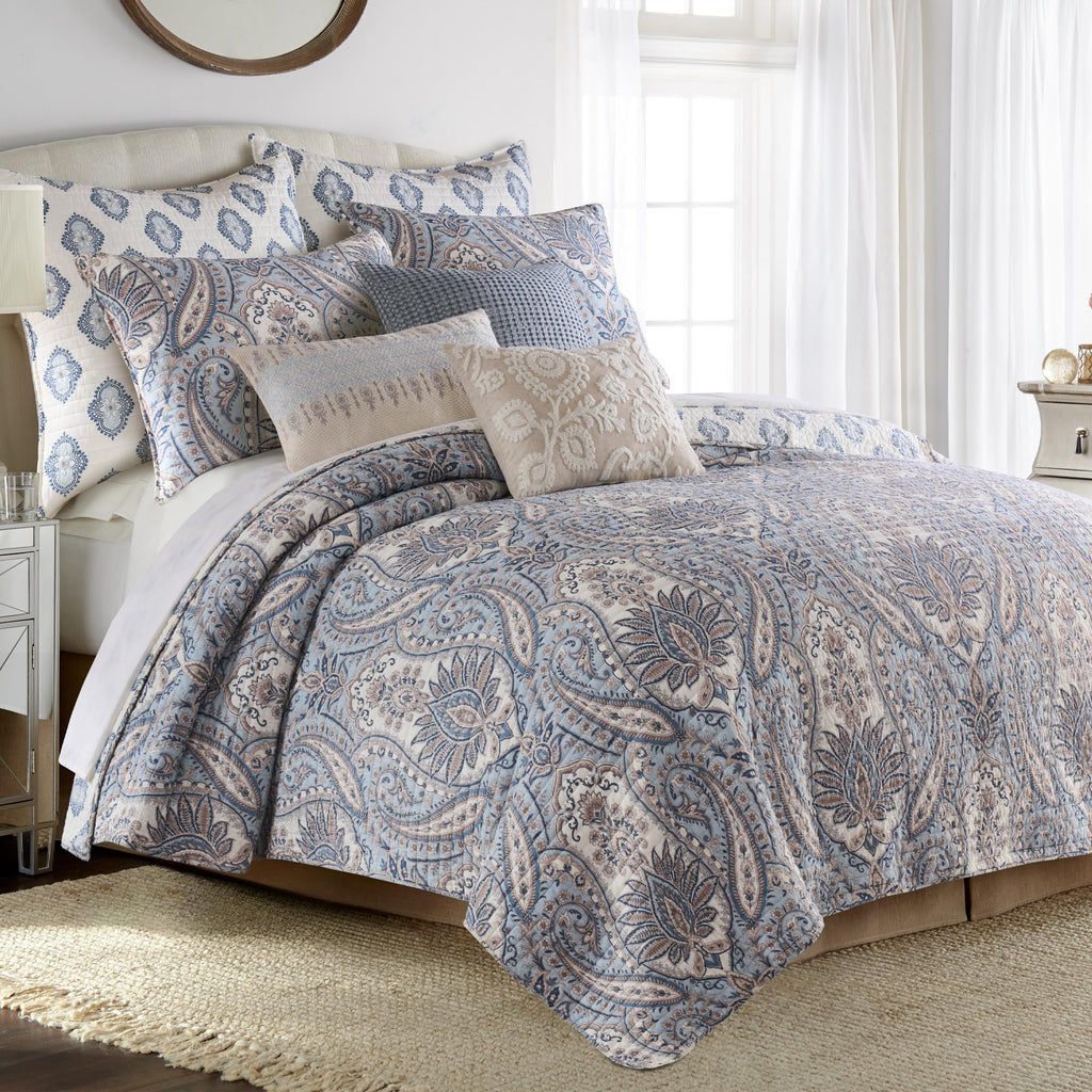 Kasey Blue Euro Sham Set - Two 26x26in Shams - Medallion Print - Blue and Cream - Quilted - Cotton - No Inserts