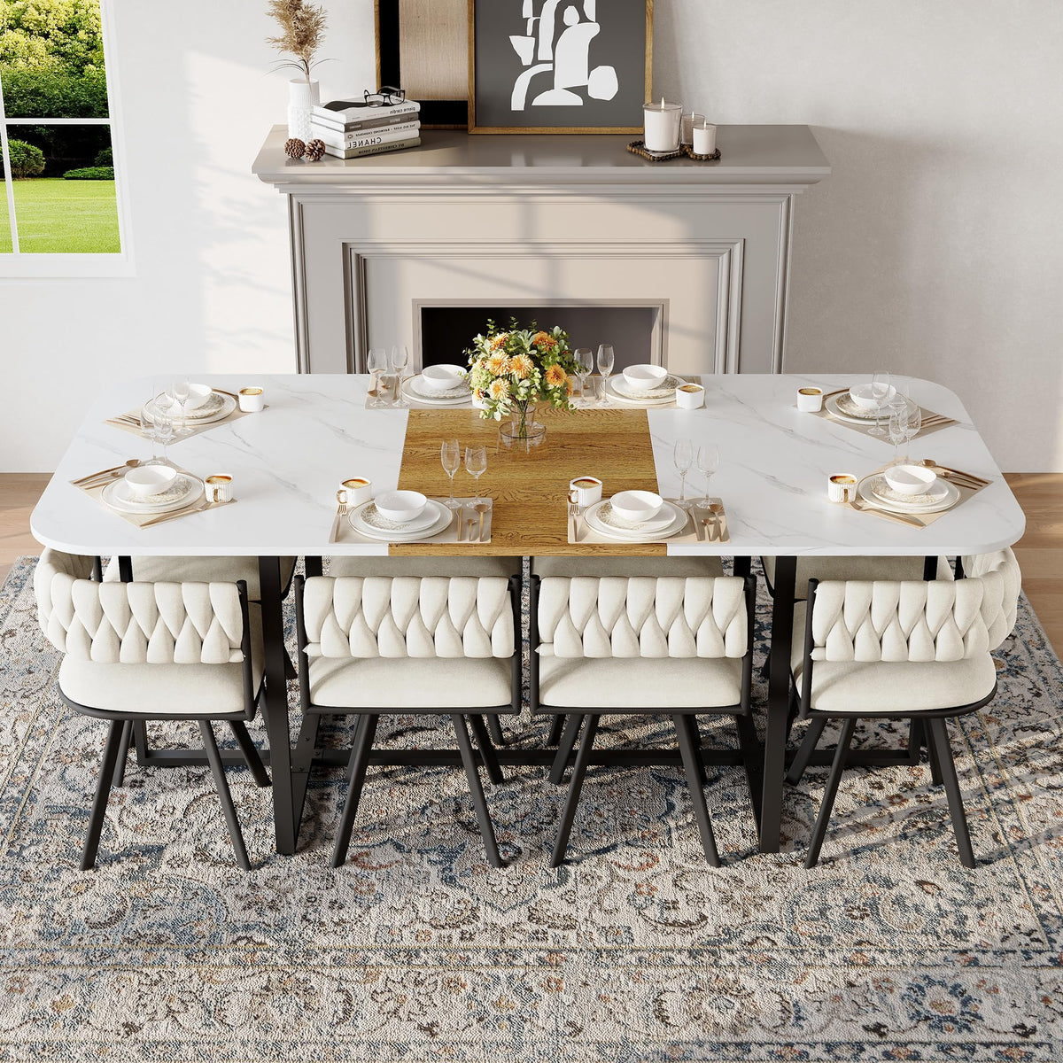 Dining Table Set for 8, 79" Large Dining Room Table Set for 8, Modern Farmhouse Kitchen Table Set for 8, Space Saving