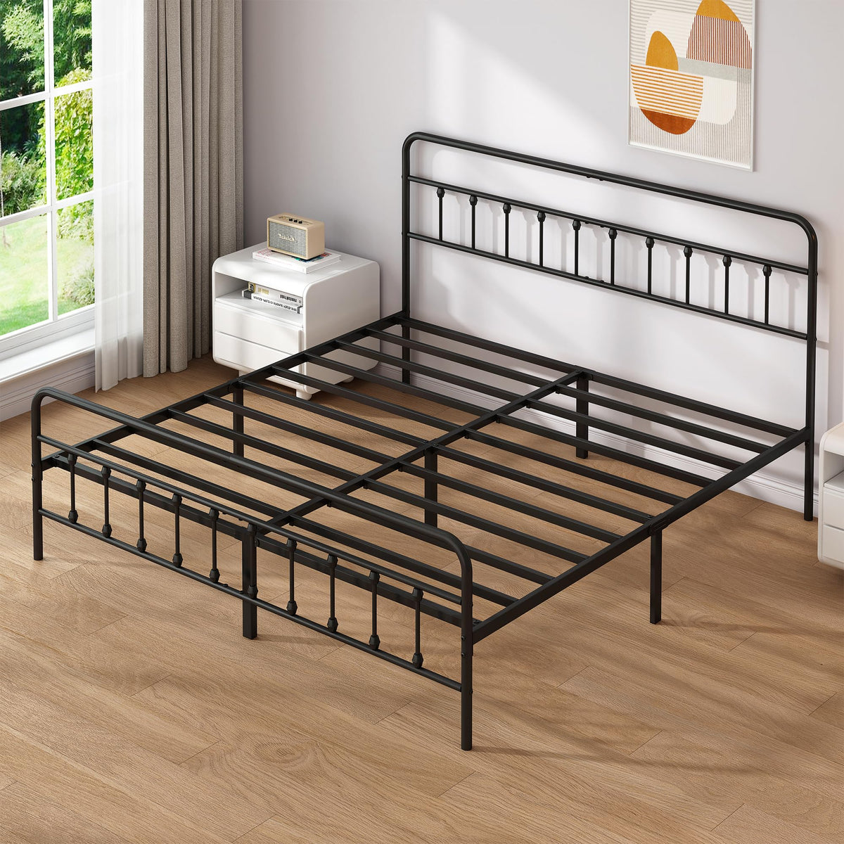 Metal Bed Frame with Victorian Headboard & Footboard, Black