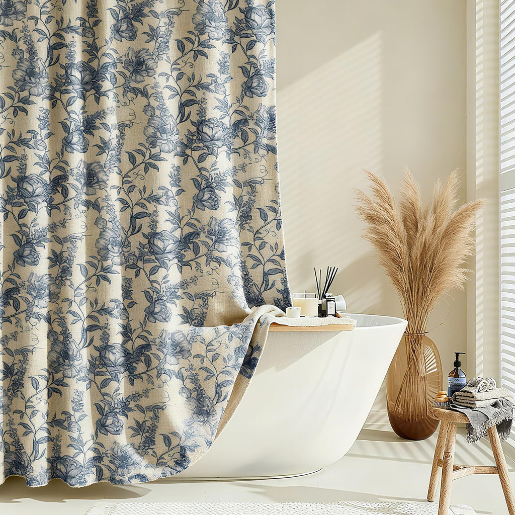 Farmhouse Blue Floral Shower Curtain with 12 Clear Rings 72"W x 84"L