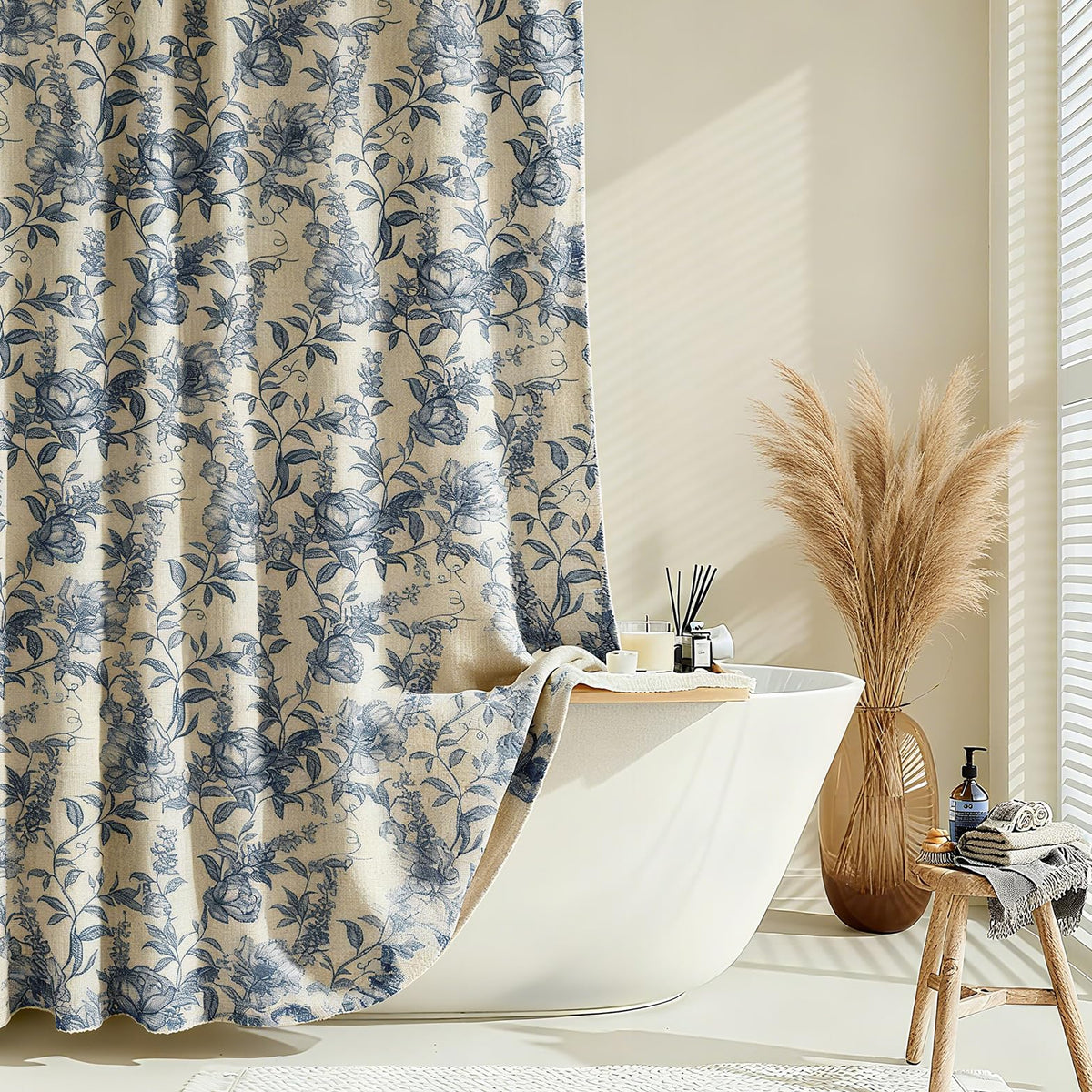 Farmhouse Blue Floral Shower Curtain with 12 Clear Rings 72"W x 84"L
