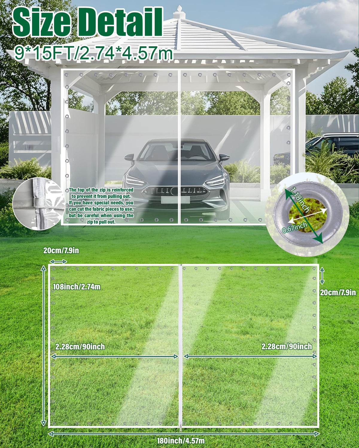 9'H x15'W Outdoor Vinyl Curtain 19oz Clear Tarps with Zipper, Vinyl Patio Enclosure, Outdoor Curtains Heavy Duty