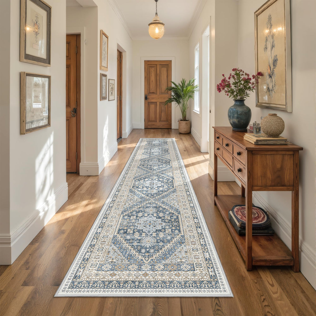Hallway Runner Rug 2x12 Extra Long Washable Runner, Blue/Beige