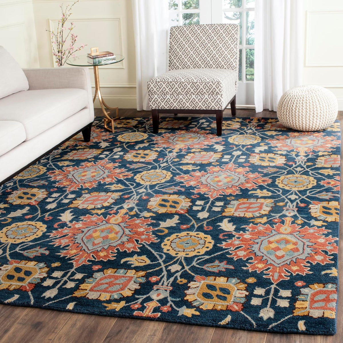 Area Rug - Roslyn - Large - Navy & Multi, Handmade Wool, Floral Design
