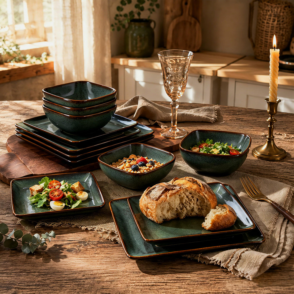 18-Piece Square Stoneware Dinnerware Sets for 6, Reactive Green Glaze
