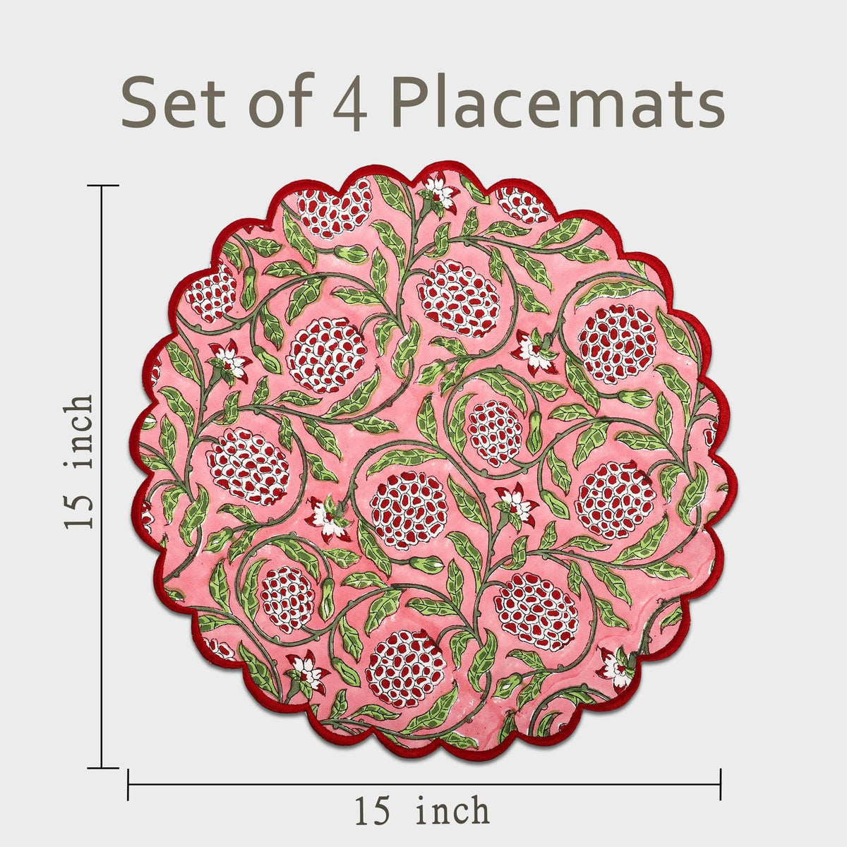 Floral Block Print Round Placemats 15 Inch, Set of 4, Strawberry Pink