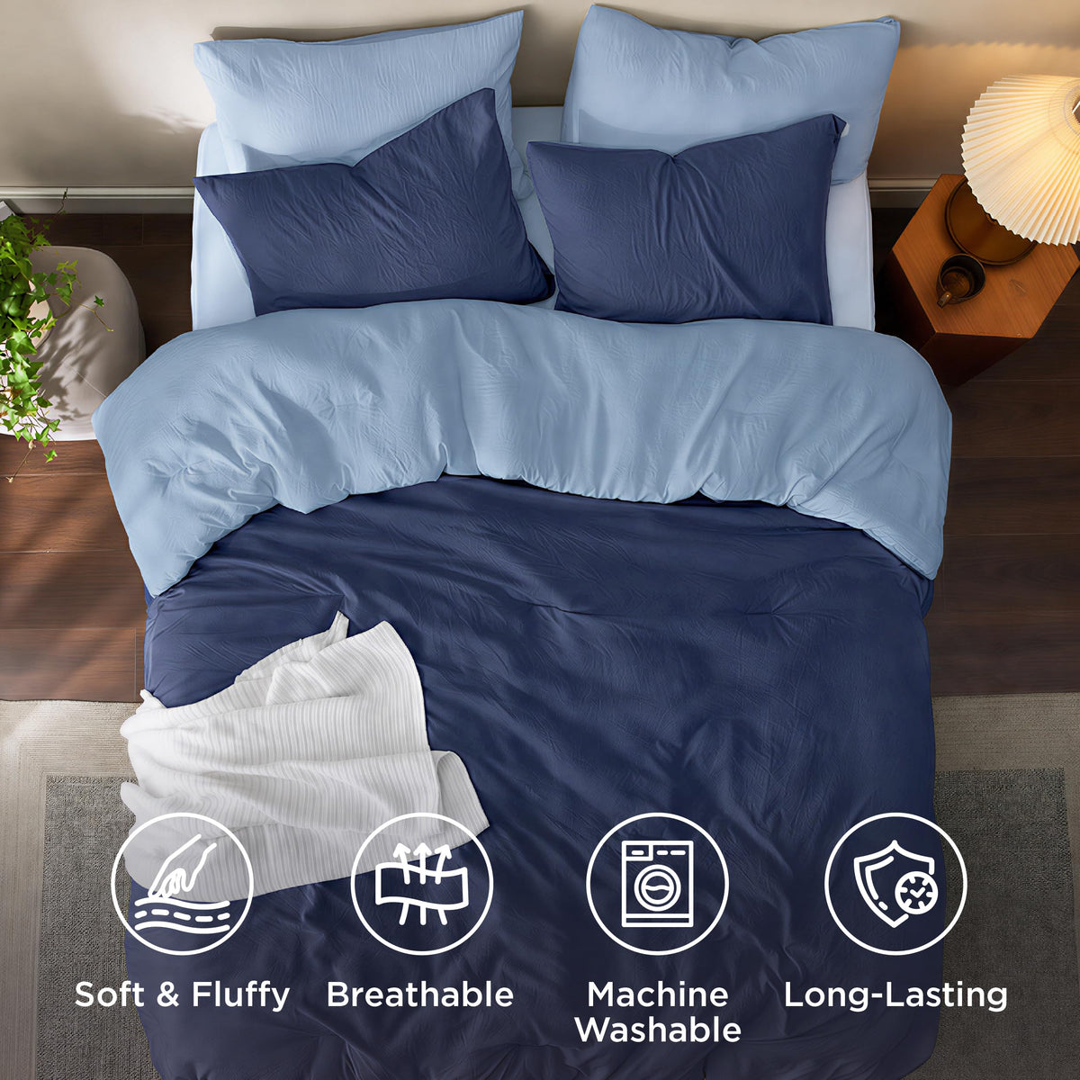 Comforter Set Prewashed Soft Bedding 3Pcs Navy/Blue 90"x90"