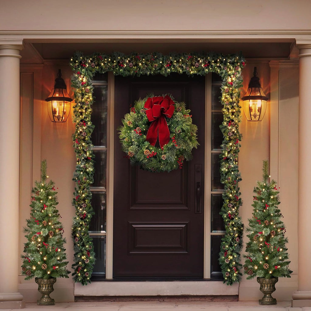 Classic 30-inch Christmas Wreath for Front Door - Large Size Door Wreath with Warm White Energy-Efficient LED Lights