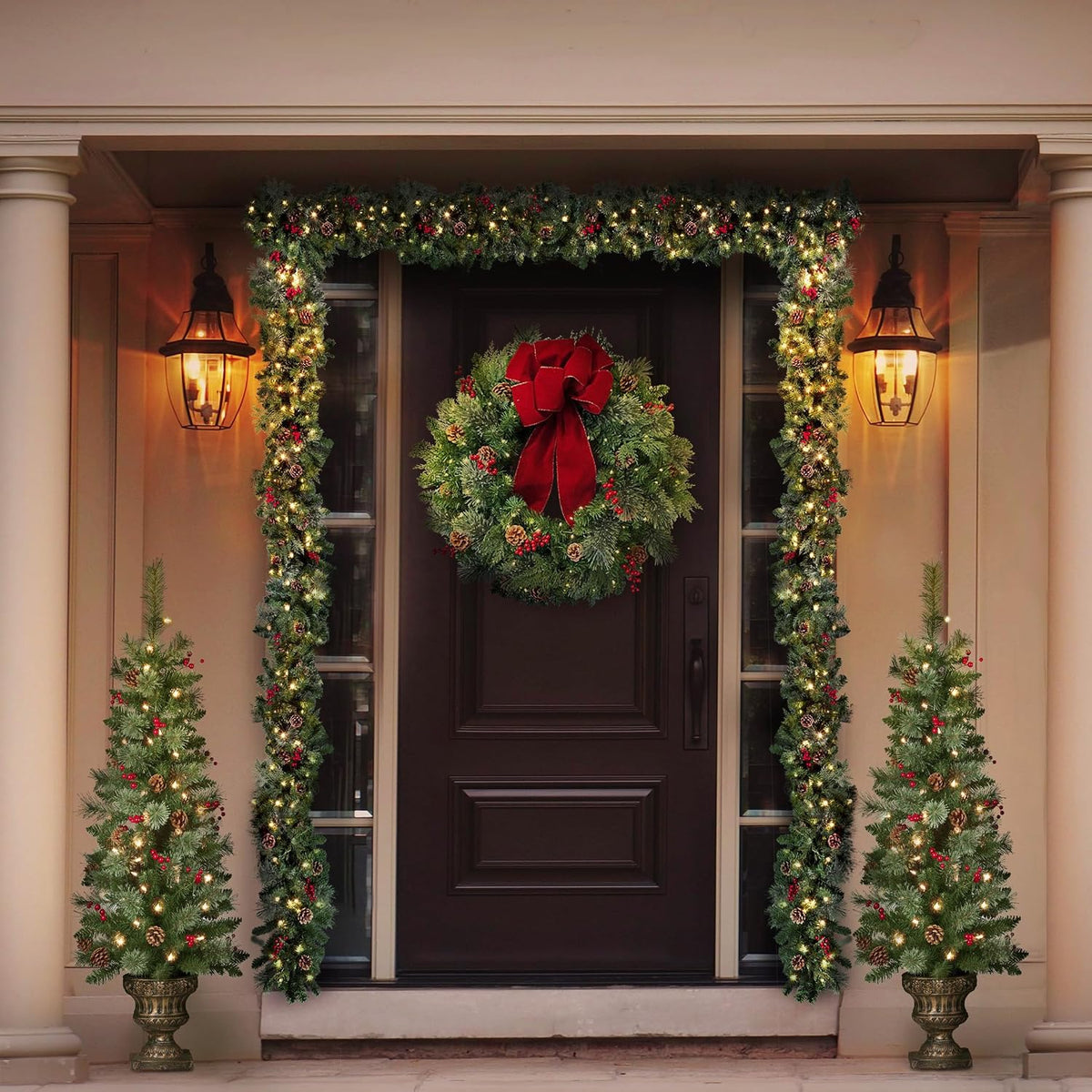 Classic 30-inch Christmas Wreath for Front Door - Large Size Door Wreath with Warm White Energy-Efficient LED Lights