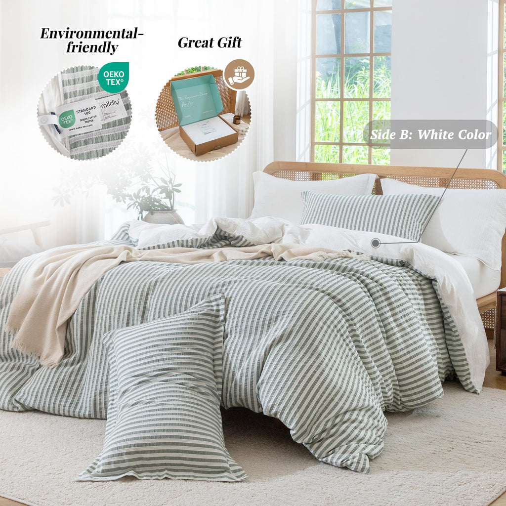 Jacquard Striped Duvet Cover Set 3pcs Dual Zipper Sage King