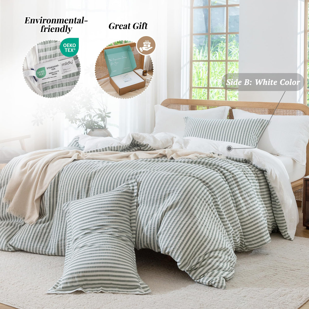 Jacquard Striped Duvet Cover Set 3pcs Dual Zipper Sage King