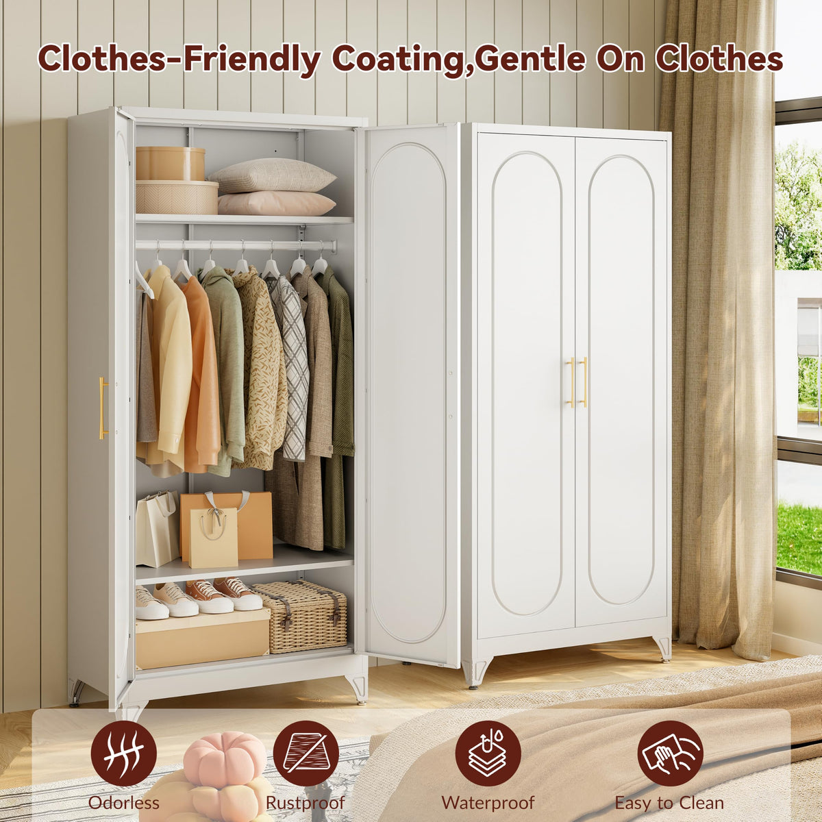 71" Tall Metal Bedroom Armoire, Wardrobe Closet with Doors, White
