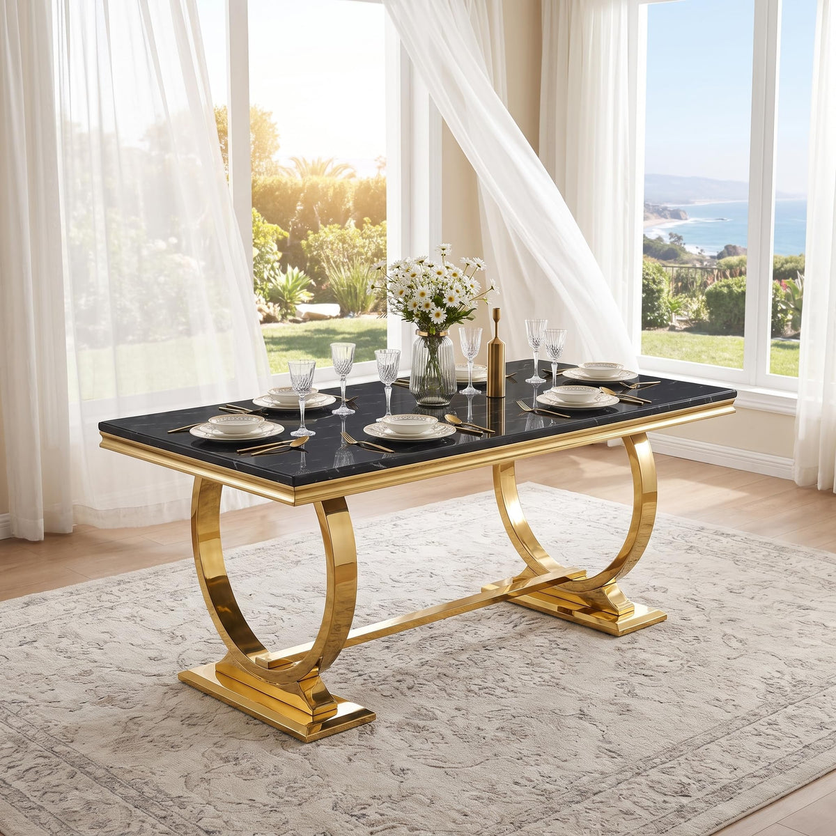 Black and Gold Dining Table, Faux Marble Top, Metal Frame and U-Base