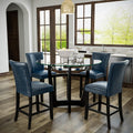 Glass Pub Dining Set for 4, 45" Round Table + 4 Blue PU Stools
