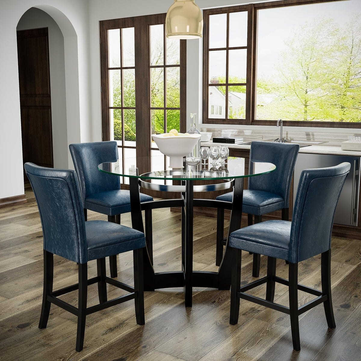 Glass Pub Dining Set for 4, 45" Round Table + 4 Blue PU Stools