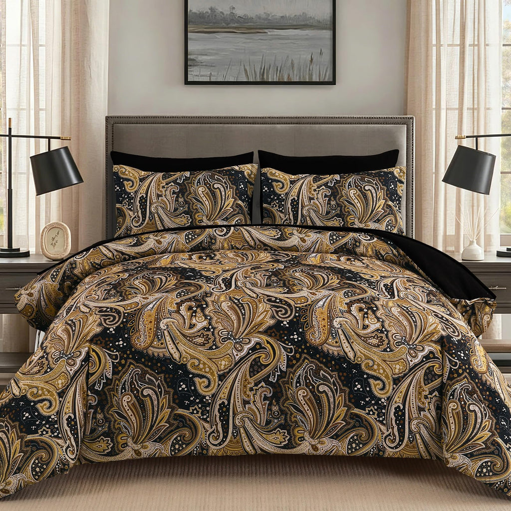 Black Gold Paisley Comforter Set King Size 7 Piece Bed in a Bag